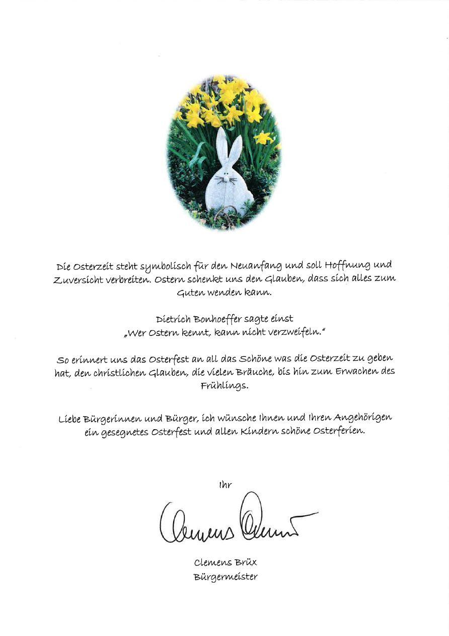 Plakat des Ostergrußes. Der Text ist dieser Pressemitteilung abgedruckt.