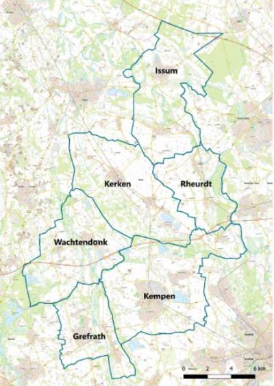 Karte der Kommunen Grefrath, Kempen, Wachtendonk, Issum, Kerken und Rheurdt